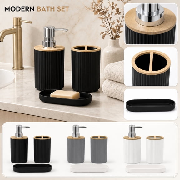 Bathroom Decor Set, Black Bathroom Accessories Set, Bathroom Organizer Countertop, Hand Dispenser for Bathroom, 3-Piece Matte Black Bathroom Storage Kit That Includes A Pump,