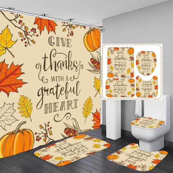 Bathroom Decor Set, Fall Decor for Bathroom 4-Piece Kit, Thanksgiving Pattern Toilet Cover and Mat Set, Washable Bathroom Rugs for Bath Floor, Includes Large Bath Mat, Contour