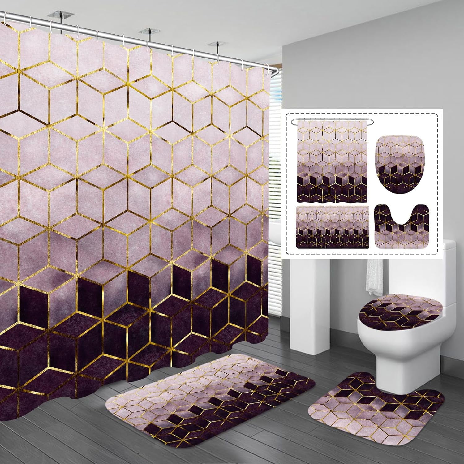 Bathroom Decor Set with Shower Curtain and Rugs: 4 Pcs Purple Gradient ...