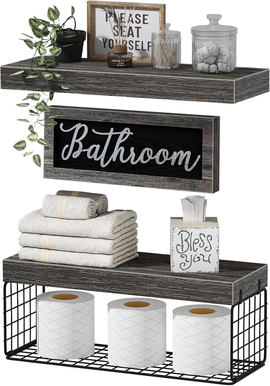 Gray MDF Floating Shelves with Metal Basket, Set of 3