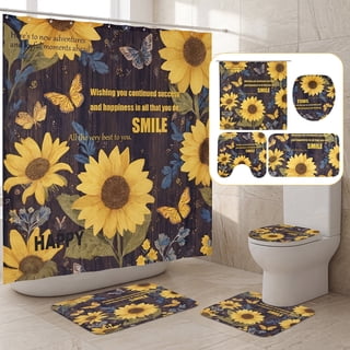 BSHAPPLUS® 16 Pcs Rustic Sunflower Butterfly Shower Curtain Set with Non Slip TPR Bath Mat,Waterproof Polyester Shower Curtain with 12 Hooks,Farmhouse Floral Bathroom Decor for Home Apartment Airbnb