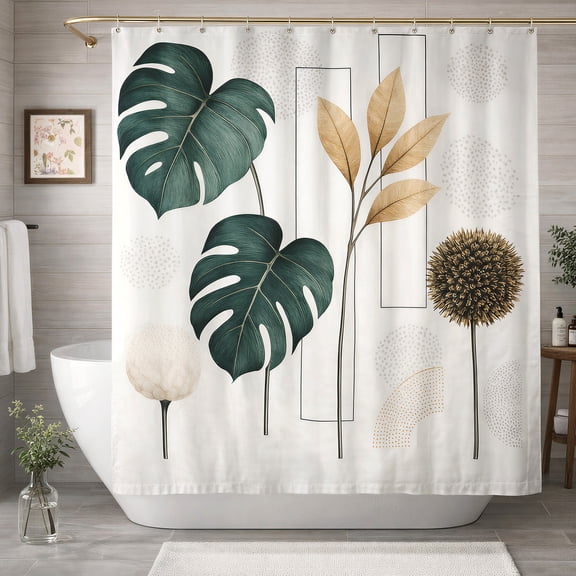 BSHAPPLUS® Modern Boho Shower Curtain, 72" x 72" Neutral Abstract Botanical Monstera Leaf Shower Curtain, Waterproof Fabric with 12 Hooks, Minimalist Geometric Plant Bathroom Decor