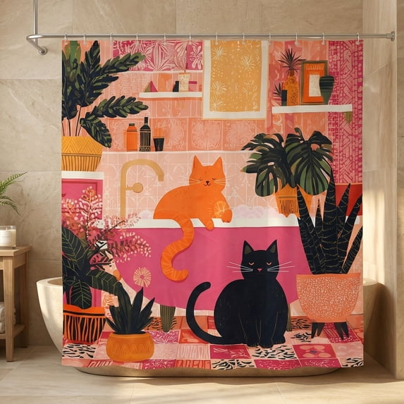 BSHAPPLUS® Funny Boho Cat Shower Curtain,72" x 72" Maximalist Black Orange Cat in Bathtub with Tropical Plants, Waterproof Fabric with 12 Hooks, Colorful Funky Cat Lover Bathroom Decor