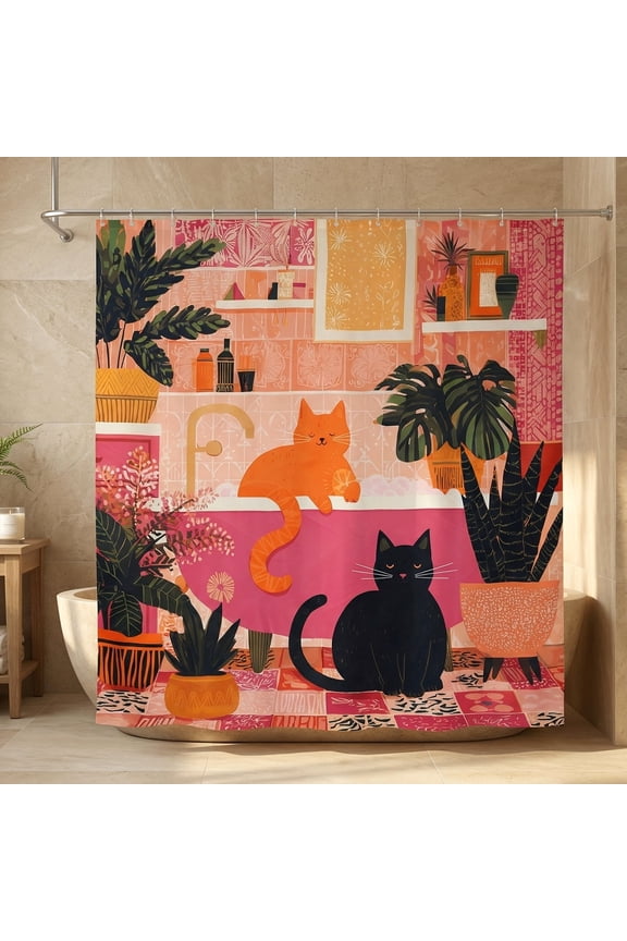 ® Funny Boho Cat Shower Curtain,72" x 72" Maximalist Black Orange Cat in Bathtub with Tropical Plants, Waterproof Fabric with 12 Hooks, Colorful Funky Cat Lover Bathroom Decor
