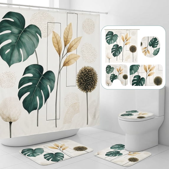 BSHAPPLUS Shower Curtain Set Geometric Plants Bathroom Sets with Shower Curtain and Rugs Waterproof Shower Curtain 12 Hooks for Bathroom 71 x 71 inches