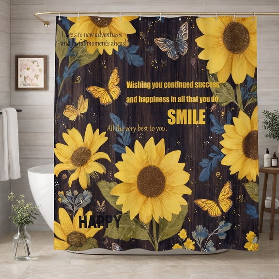 BSHAPPLUS® Rustic Farmhouse Sunflower Shower Curtain, 72" x 72" Vintage Country Floral Butterfly Wood Grain Shower Curtain, Waterproof Fabric with 12 Hooks, Inspirational Quote Bathroom Decor