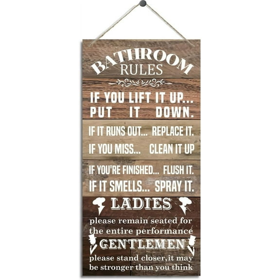 Bathroom Decor Sign Farmhouse Bathroom Decorations, Bathroom Art Wall Decor, Funny Bathroom Toilet Decor for Men Women All Gender, Bathroom Rules Sign 5x10 Inch