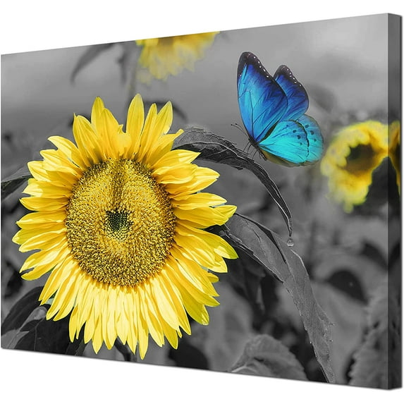 Bathroom Decor Sunflower Canvas Wall Art Blue Butterfly Picture Flowers Florals Painting Yellow Gray Artwork Framed for Bedroom Kitchen Dinning Room Living Room Office Home Decor 16"X12"