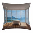 thumbnail image 1 of Bathroom Decor Throw Pillow Cushion Cover, Minimalist Design Bathtub with Relaxing Scenery of Islands, Decorative Square Accent Pillow Case, 24 X 24 Inches, White Light Brown and Blue, by Ambesonne, 1 of 2