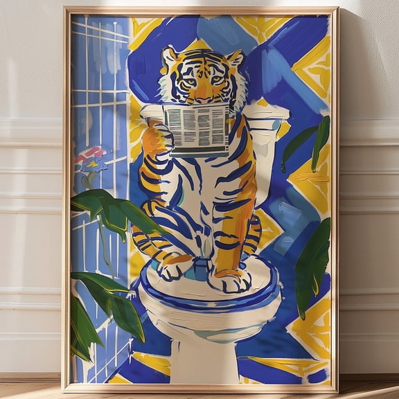Bathroom Decor Tiger Poster Maximalist Home Decor Tiger On Toilet Print Blue And Gold Print Floral Print Trendy Art Colorful Art