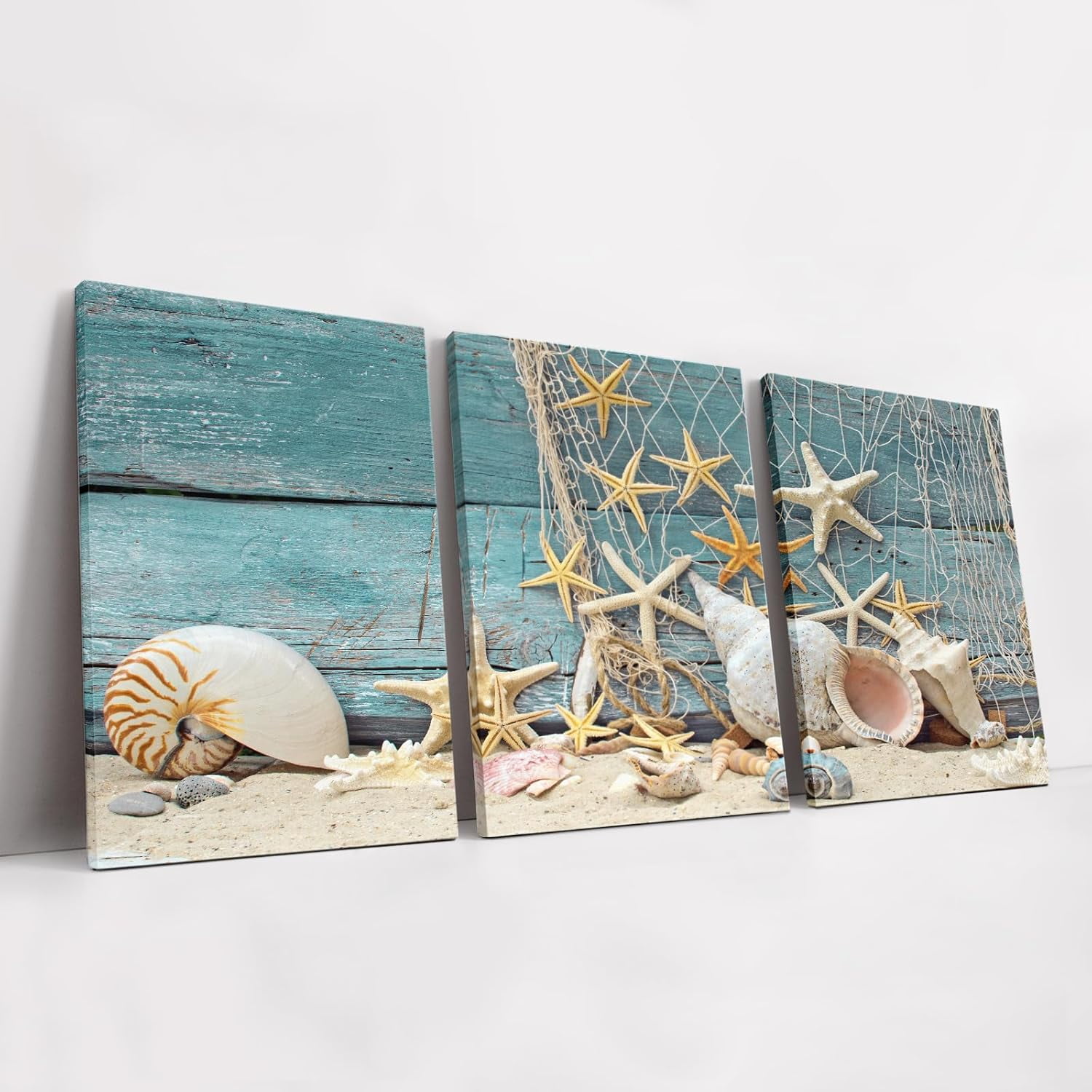 Bathroom Decor Wall Art 3 PCS Blue Ocean Theme Seashells Starfish ...