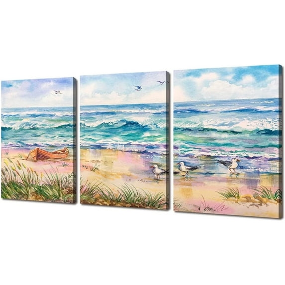 Bathroom Decor Wall Art 3 Panels Blue Beach Picture Ocean Theme Canvas Print Modern Coastal Seascape Watercolor Paintings Framed Artwork for Home Walls Sea Lake Bedroom Wall Decor 12x16inchx3pcs