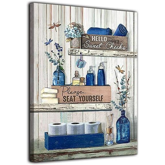 Bathroom Decor Wall Art Blue Bathroom Picture Canvas Prints Please Seat Yourself Stretched and Framed Ready to Hang for Bathroom Wall Decor 16x20inch
