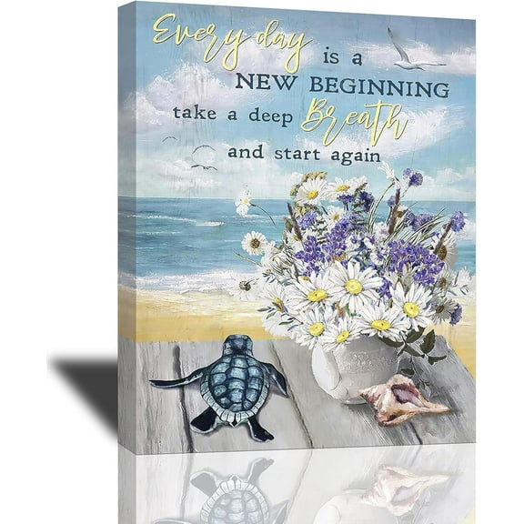 Bathroom Decor Wall Art Blue Beach Coastal Pictures Sea Turtle Flowers Canvas Painting Seascape Ocean Theme Floral Poster Beach Motivational Quotes Framed Artwork for Bathroom Bedroom 12"x16"