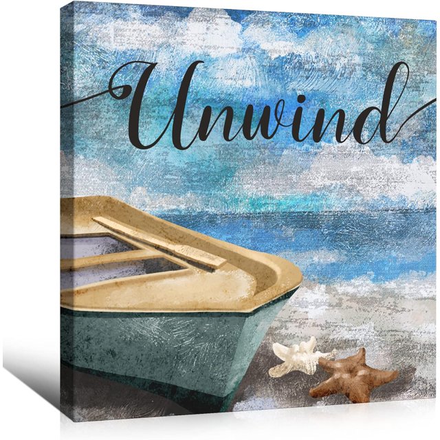 Bathroom Decor Wall Art Blue Beach Picture Ocean Flower Canvas Print