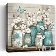 thumbnail image 1 of Bathroom Decor Wall Art Blue Beach Picture Ocean Theme Flower Canvas Print Modern Coastal Seascape Painting Framed Bathroom Pictures Canvas Painting Teal Bedroom Kitchen Art Home Decorations 16"x16", 1 of 6