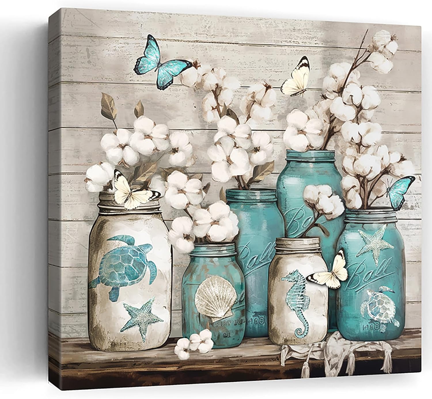 Bathroom Decor Wall Art Blue Beach Picture Ocean Theme Flower Canvas ...
