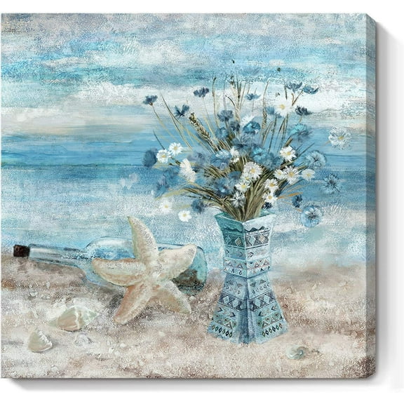 Bathroom Decor Wall Art Blue Beach Picture Ocean Theme Flower Canvas Print Modern Coastal Seascape Painting Framed Seaside Artwork Floral Daisy in Indian Vase for Home Sea Lake Bedroom 14x14inch