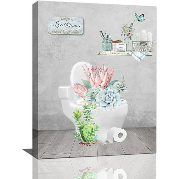 Bathroom Decor Wall Art Botanical Plant Succulent Canvas Prints Painting Please Seat Yourself Bathroom Pictures Framed Green Cactus Modern Artwork Office Home Decorations for Toilet Bathroom Restroom