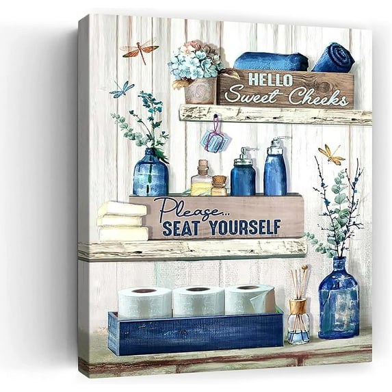 Bathroom Decor Wall Art Dragonfly Blue Sign Rustic Farmhouse Canvas Prints Signs Wood Background Pictures Artwork Framed Bath Laundry Home Decorations12''''x16''''