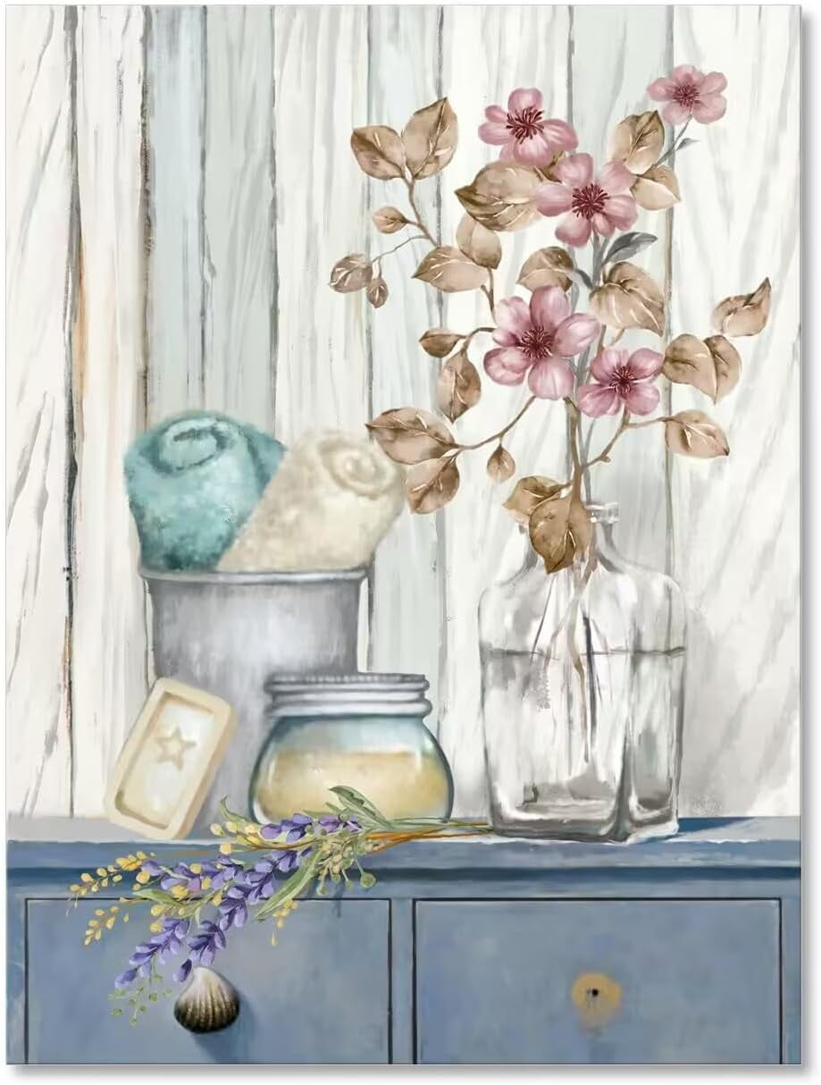 Bathroom Decor Wall Art Farmhouse Flower Pictures Floral Bathroom Wall  Decor Bath Towel Bathroom Pink Poppy Vase Canvas Prints Blue White Painting  Framed Artwork for Bedroom - Walmart.com, image size:919x1214