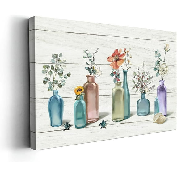 Bathroom Decor Wall Art Flowers Glass Jar Poster Floral in Mason Jar Bottles Farmhouse Picture Canvas Print Décor for Bathroom Bedroom Framed Artwork 12x16 inch