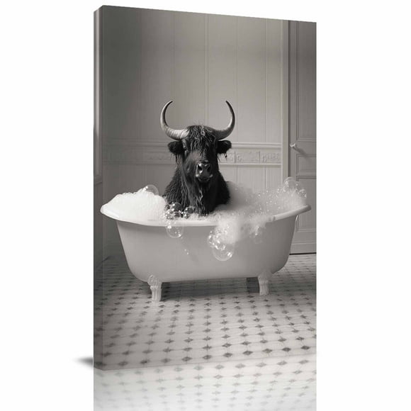 Bathroom Decor Wall Art,Highland Cow in Bathtub,Black and White Wall Art Decor Signs,12 in x 18 in
