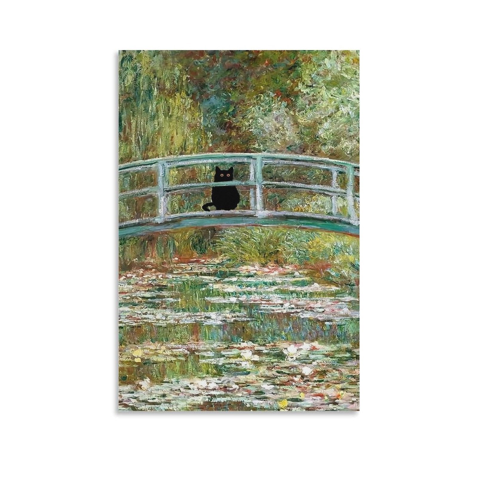 Bathroom Decor Wall Art Monet Water Lilies Funny Black Cat Canvas ...