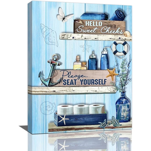 Bathroom Decor Wall Art Navy Blue Pictures Funny Rustic Farmhouse Signs Please Seat Yourself Canvas Painting Print Beach Nautical Sea Turtle Artworks 12''''x16''''