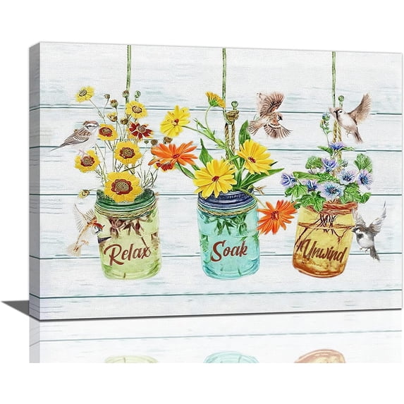 Bathroom Decor Wall Art Rustic Floral Pictures Wall Decor Botanical Flower Relax Soak Unwind Bathroom Sign Canvas Prints Painting Modern Home Framed Artwork for Living Room Bedroom 16"x12"