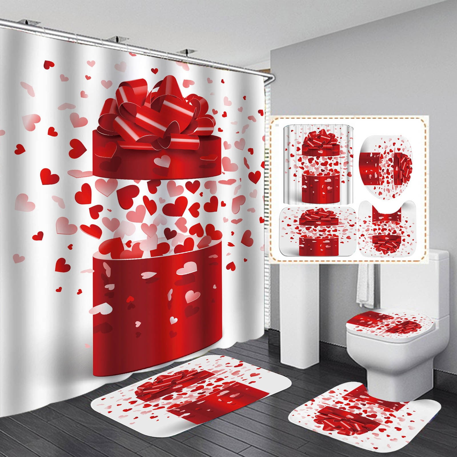 Bathroom Decorations Valentine's Day 4 Pieces Shower Curtain Set With