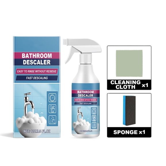Bathroom Descaler Cleaner Spray Kit Limescale Remover for Shower Tub Sink Tile Includes Cleaning Cloth and Sponge 120ml