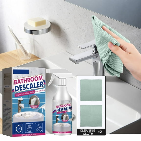 Bathroom Descaler Foam Cleaner 60ml Fast Descaling, Gentle Surface-Safe Formula, No Residue, For Bathroom Glass, Faucets, Bathtub, Toilet Glass With 2 Reusable Cloths