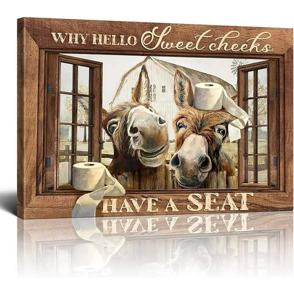 Bathroom Donkey Pictures Animal Canvas Wall Art Rustic Funny Animal Bathroom Print Painting Farmhouse Wood Background Pictures Modern Home Artwork Decor For Bathroom Framed Ready To Hang 12x16 Inch