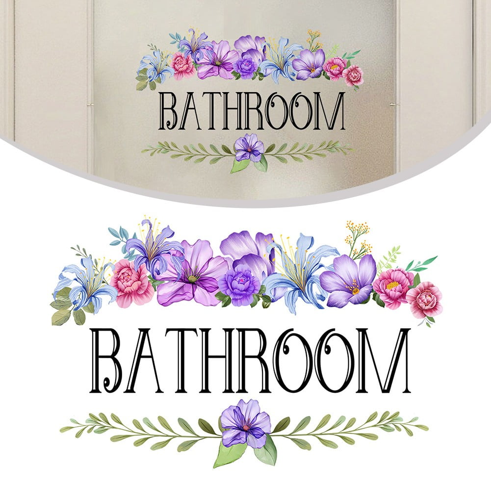 Bathroom Door Sign Vinyl Wall Sticker Plants Flowers Self-Adhesive Decals For Bathroom Toilet Washroom Doorway Sign Decor