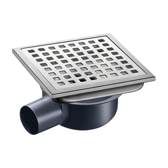 Shower Area Floor Drain with Side Outlet, 15 x 15 cm Square Cover, Steel Panel and ABS Body for Indoor Bathroom Use