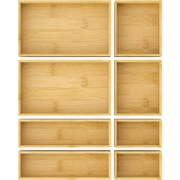 Bathroom Drawer Organizer Trays, Bamboo Silverware Drawer Organizer Kitchen Utensils, 8 PCS Wood Box Stackable Bins for Makeup, Office Desk, Vanity, Junk Drawer