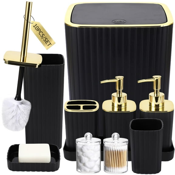 Bathroom Essentials Set 10PC, Plastic Soap Dispenser Qtip Holder Toilet Brush, Complete Bathroom Organizer for Countertop Sink, Black