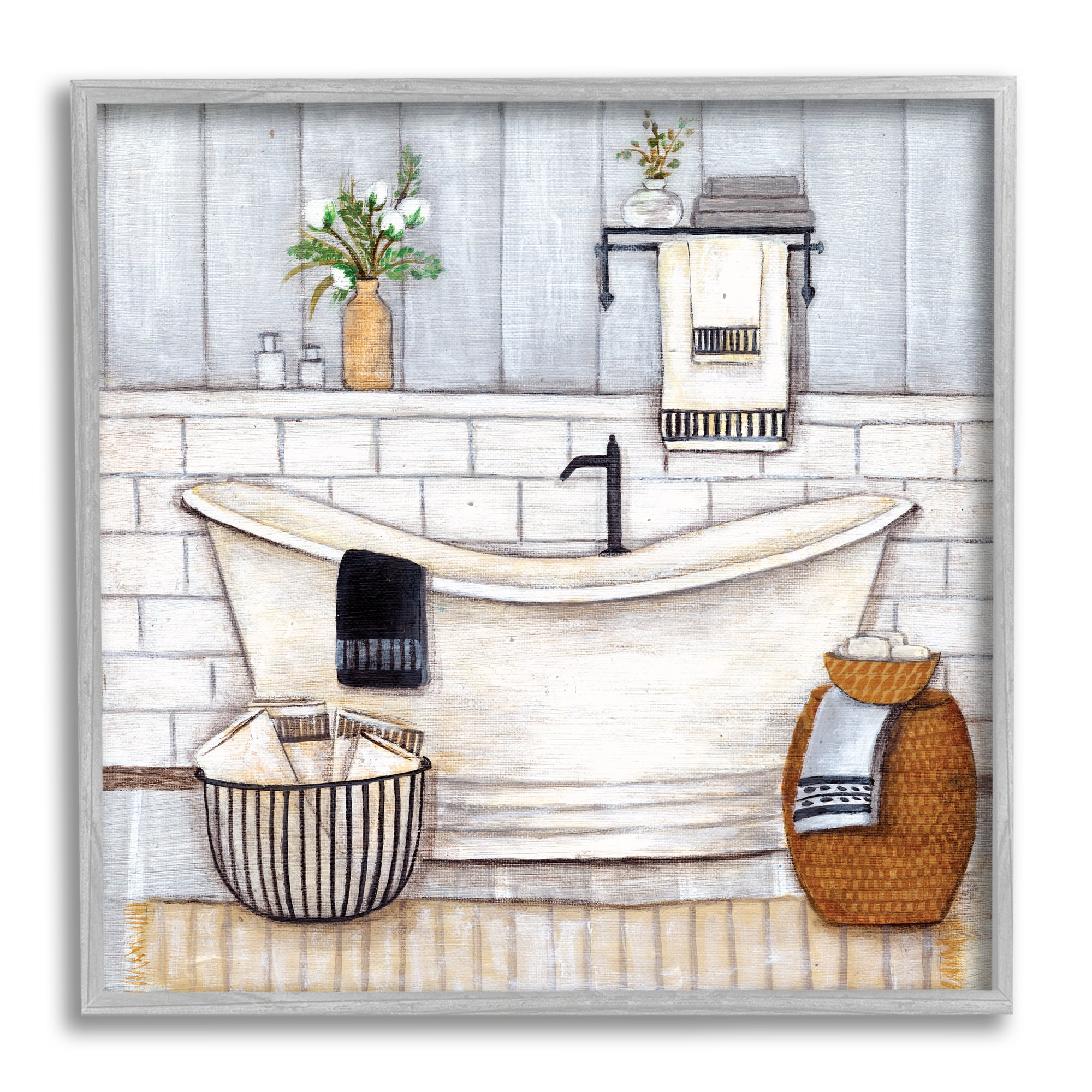 Bathroom Farmhouse Style Tub Neutral Grey Drawing Typography Framed Art Print Wall Art, 17x17