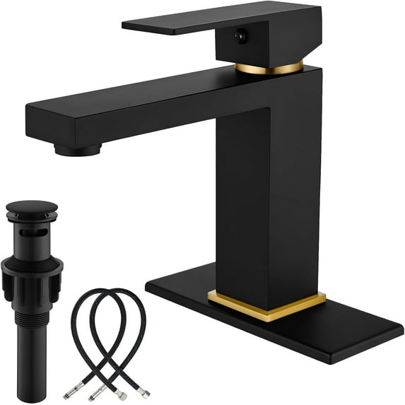 Bathroom Faucet 1 Hole, Single Handle Stainless Steel Bathroom Sink Faucet, Modern Vanity Faucets with Deck Plate,Water Supply Hoses and Pop Up Drain,Matte Black Handle and Brushed Gold