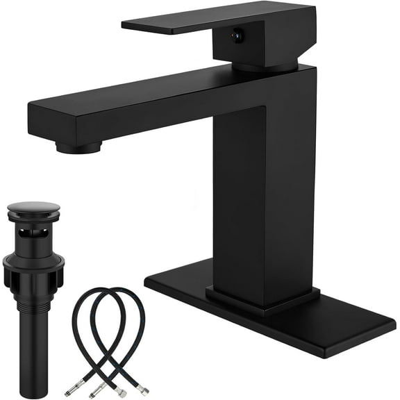 Bathroom Faucet 1 Hole, Single Handle Stainless Steel Bathroom Sink Faucet, Modern Vanity Faucets with Deck Plate,Water Supply Hoses and Pop Up Drain,Matte Black
