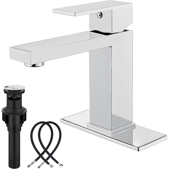 Bathroom Faucet 1 Hole, Single Handle Stainless Steel Bathroom Sink Faucet, Modern Vanity Faucets with Deck Plate,Water Supply Hoses and Pop Up Drain,Polish Chrome