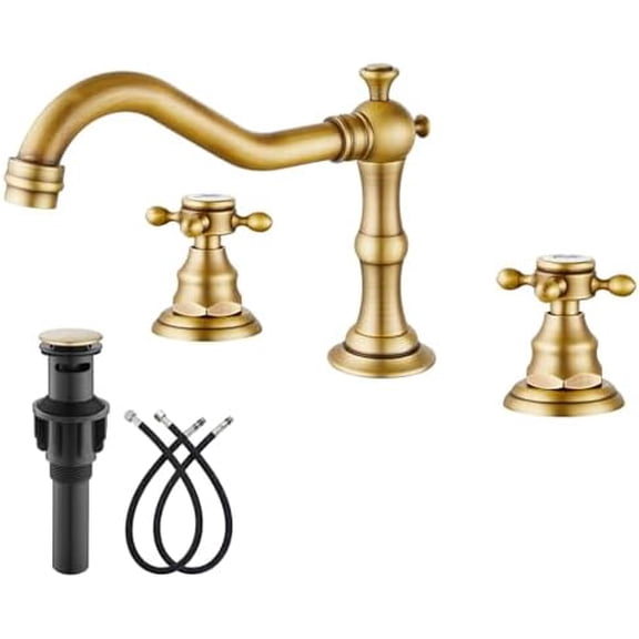 Bathroom Faucet 3 Hole 8 Inch Widespread Bathroom Sink Faucet 2 Cross Handles Vintage Lavatory Vanity Mixer Tap with Pop Up Drain, Round Font Label, Antique Brass