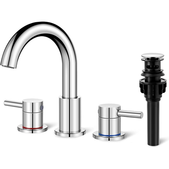 Bathroom Faucet 3 Hole, Chrome Bathroom Sink Faucet with Pop Up Drain, 8 inch Widespread Bathroom Faucet with 360° Swivel Spout, 2 Handle Vanity Faucet with Water Supply Hoses