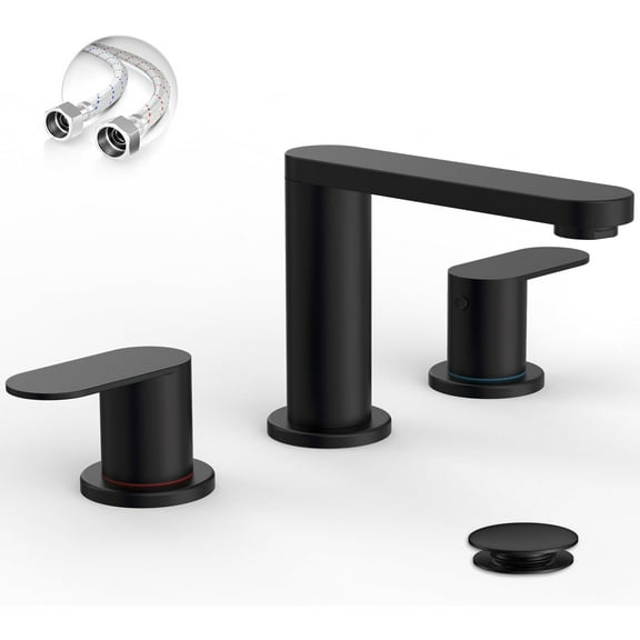 Black | Bath Tap 3 Hole | Matte Black Bath Tap 8 Inch Widespread | Pop-up Drain & Supply Lines | 360° Swivel Spout 2-Handle Bath Sink Faucets for Bath Vanity