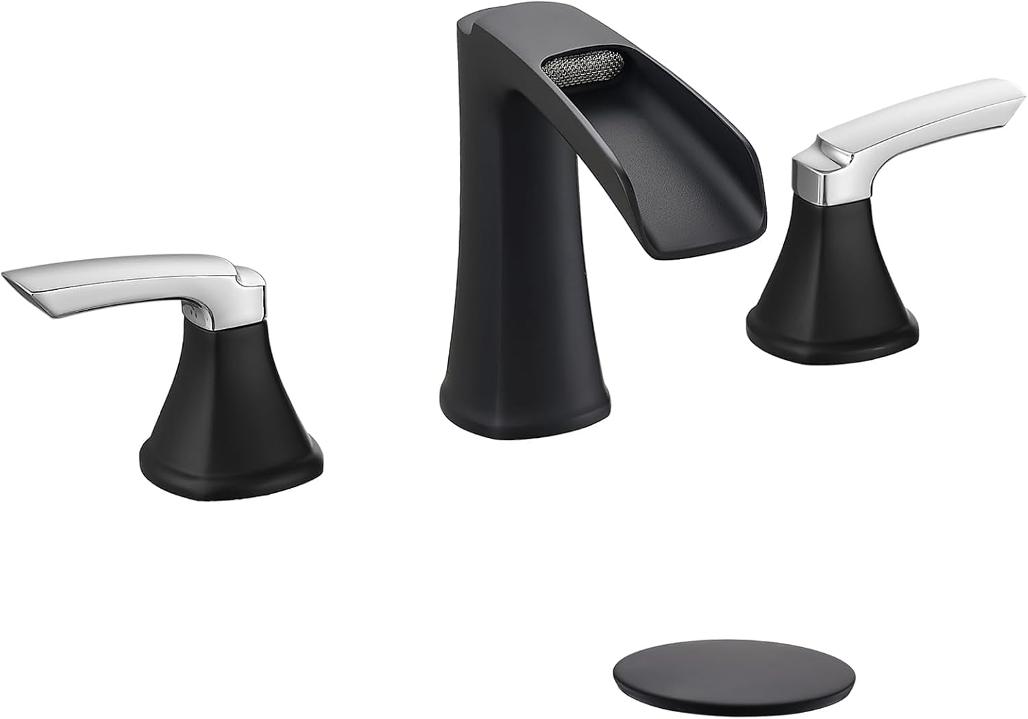 Bathroom Faucet 3 Hole, Waterfall 8 Inch Widespread Bathroom Sink Faucet with Pop-up Drain, Two-Handle Faucet for Bathroom Sink Matte Black&Chrome