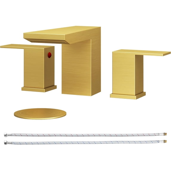 Bathroom Faucet 3 Holes Two Handles Vanity Sink Faucet Widespread 8 Inch Bathroom Sink Faucet, Waterfall Bathroom Sink Faucet with Supply Hoses, with Pop Up Drain, Brushed Gold
