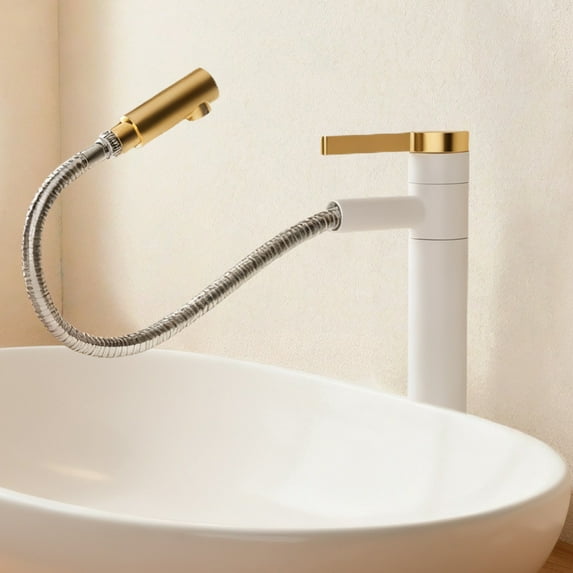Bathroom Faucet 360° Rotating Pull-Out Stainless Steel Hot & Cold Flexible Hose