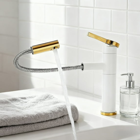 Bathroom Faucet 360° Rotating Pull-Out Stainless Steel Hot & Cold Flexible Hose