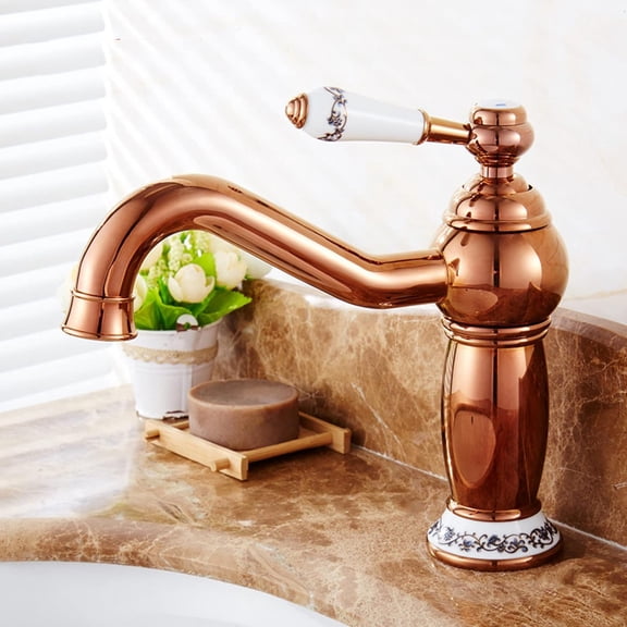 Bathroom Faucet Antique Brass, 360 Swivel Bathroom Vanity Faucet, Cold/Hot Water Basin Tap, Single Handle Bathroom Faucet Short, Rose Gold